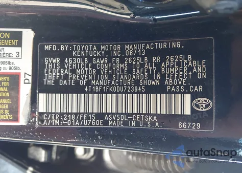 2013 Toyota Camry Se z USA, uszkodzony, nr VIN 4T1BF1FK0DU723945